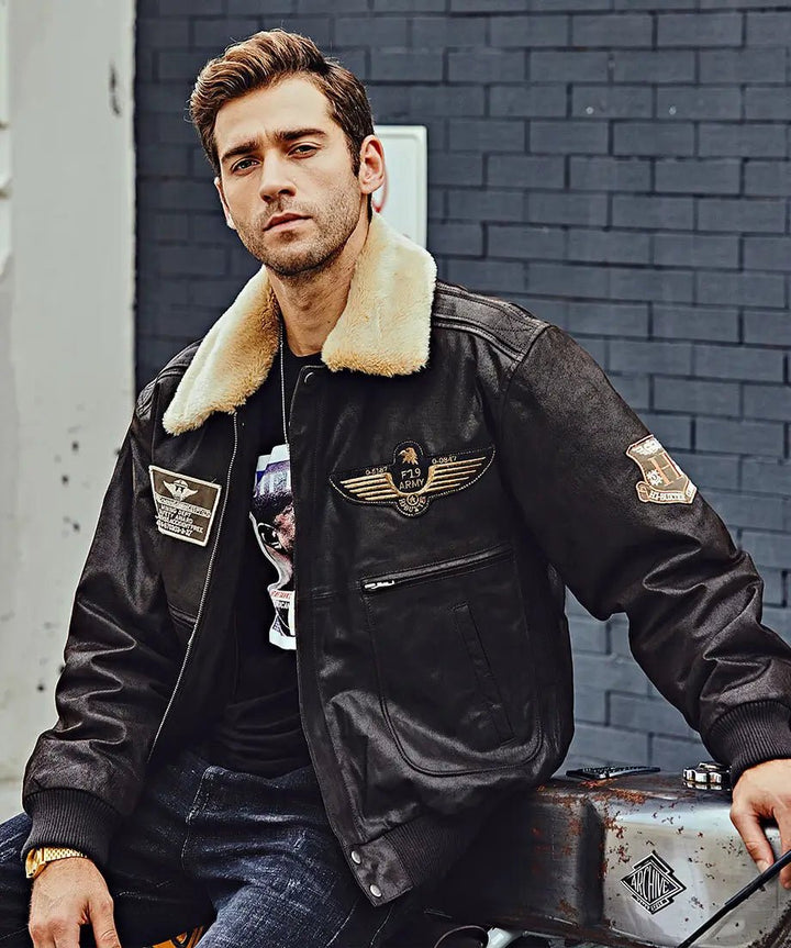 Denver Men’s Black Bomber Leather Jacket Aviator with Removable Collar - Rare Leather