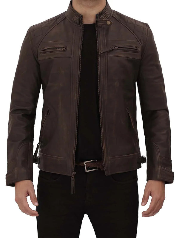 Diamond Mens Distressed Brown Motorcycle Leather Jacket - Rare Leather