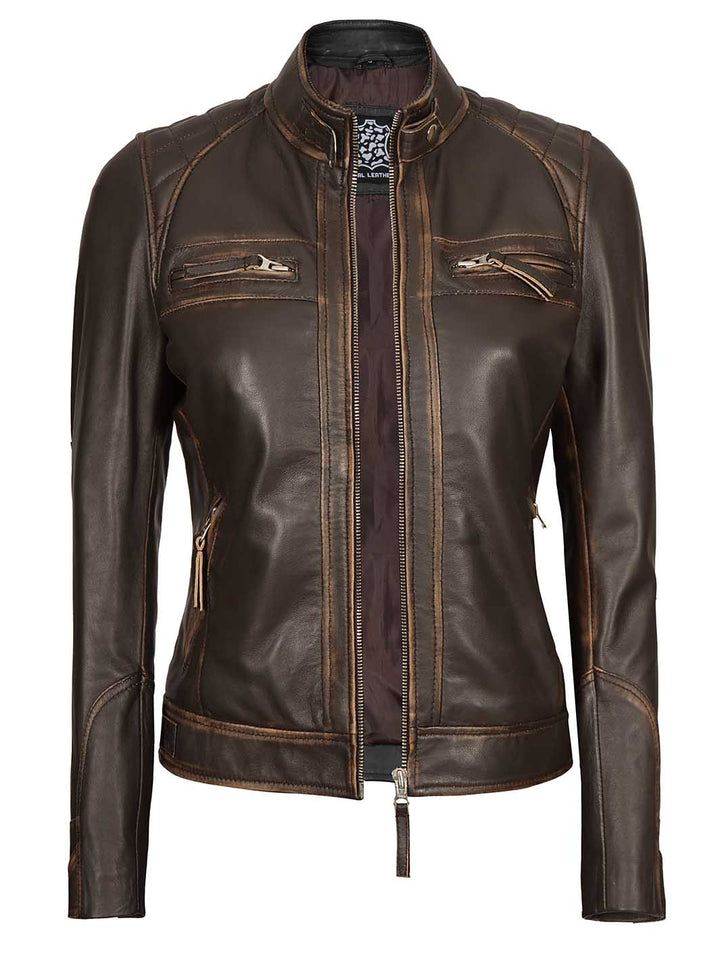 Diamond Women Rub Off Brown Leather Jacket - Rare Leather