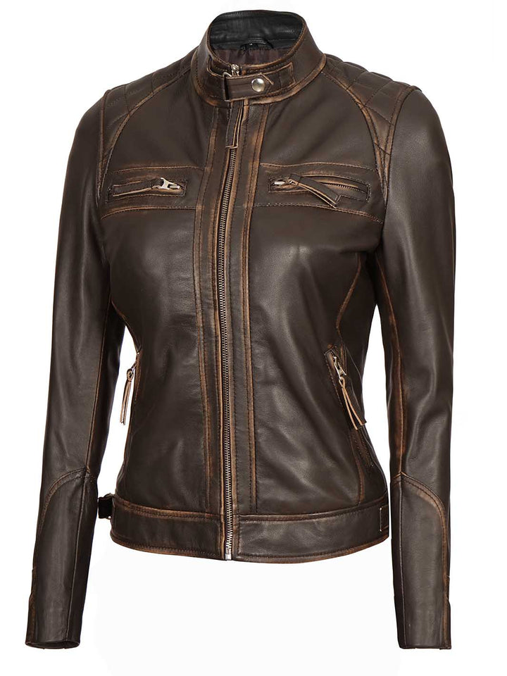 Diamond Women Rub Off Brown Leather Jacket - Rare Leather