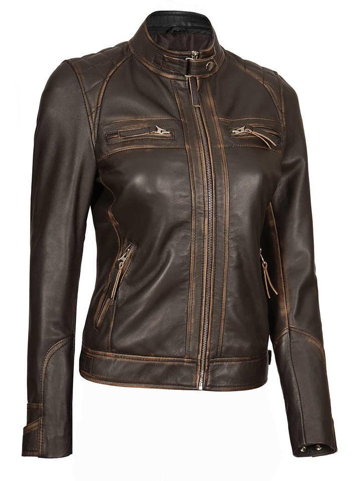 Diamond Women Rub Off Brown Leather Jacket - Rare Leather