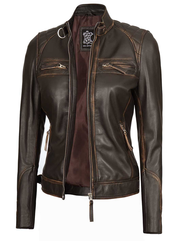 Diamond Women Rub Off Brown Leather Jacket - Rare Leather