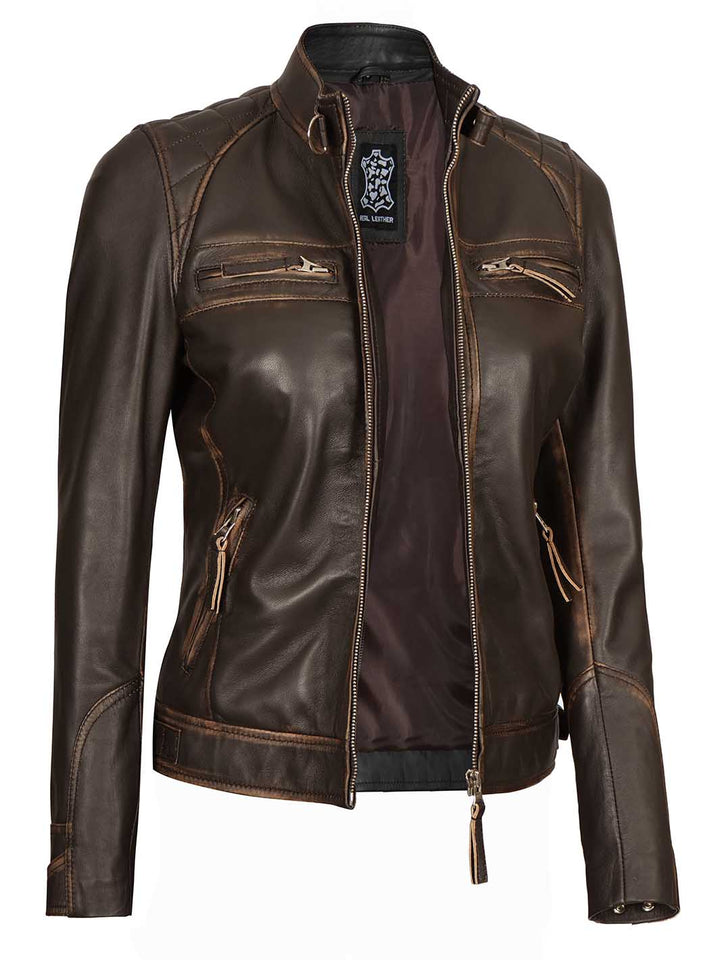 Diamond Women Rub Off Brown Leather Jacket - Rare Leather