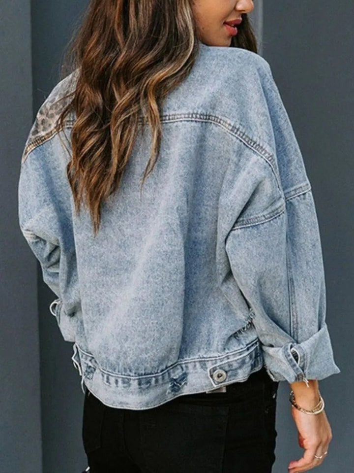 Distressed Leopard Drop Shoulder Denim Jacket - Rare Leather