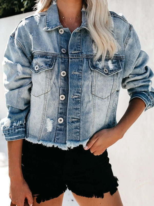 Distressed Raw Hem Denim Jacket - Rare Leather