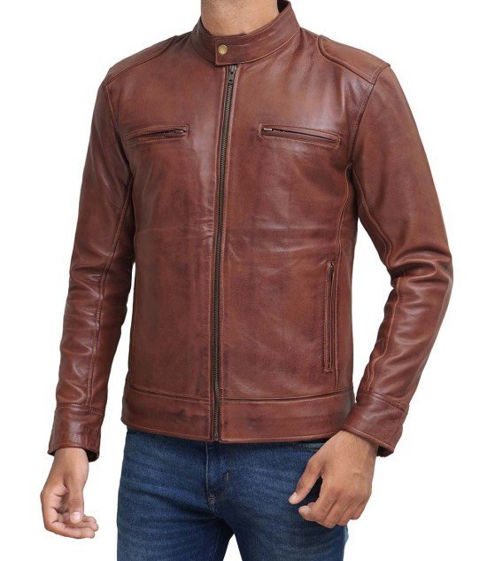 Dodge Mens Cognac Cafe Racer Leather Jacket - Rare Leather