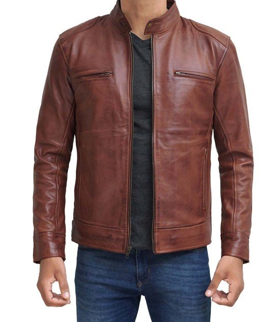 Dodge Mens Cognac Cafe Racer Leather Jacket - Rare Leather