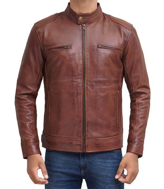 Dodge Mens Cognac Cafe Racer Leather Jacket - Rare Leather