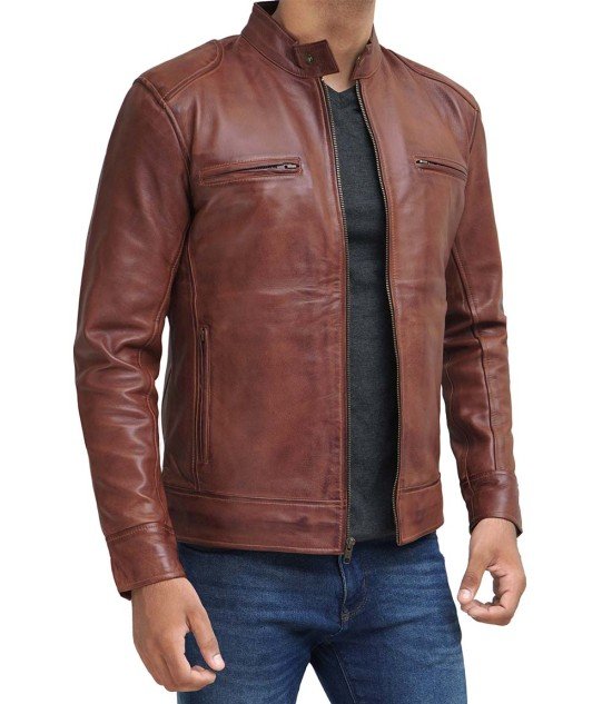Dodge Mens Cognac Cafe Racer Leather Jacket - Rare Leather