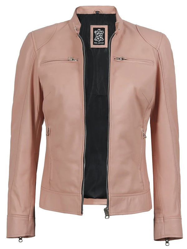 Dodge Women Light Pink Motorcycle Leather Jacket - Rare Leather