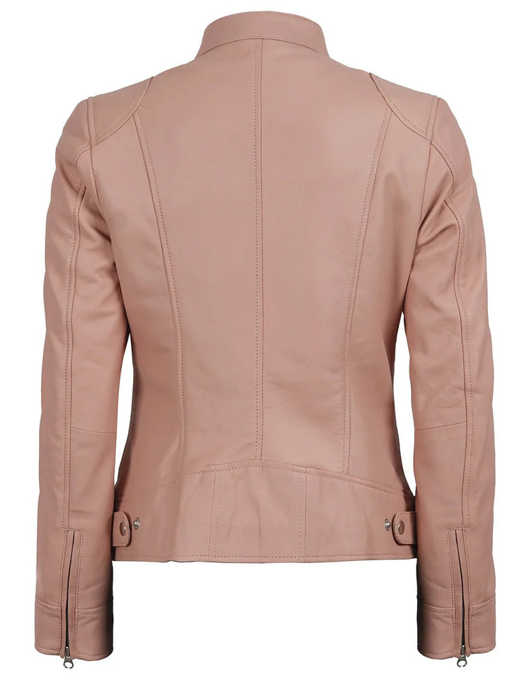 Dodge Women Light Pink Motorcycle Leather Jacket - Rare Leather