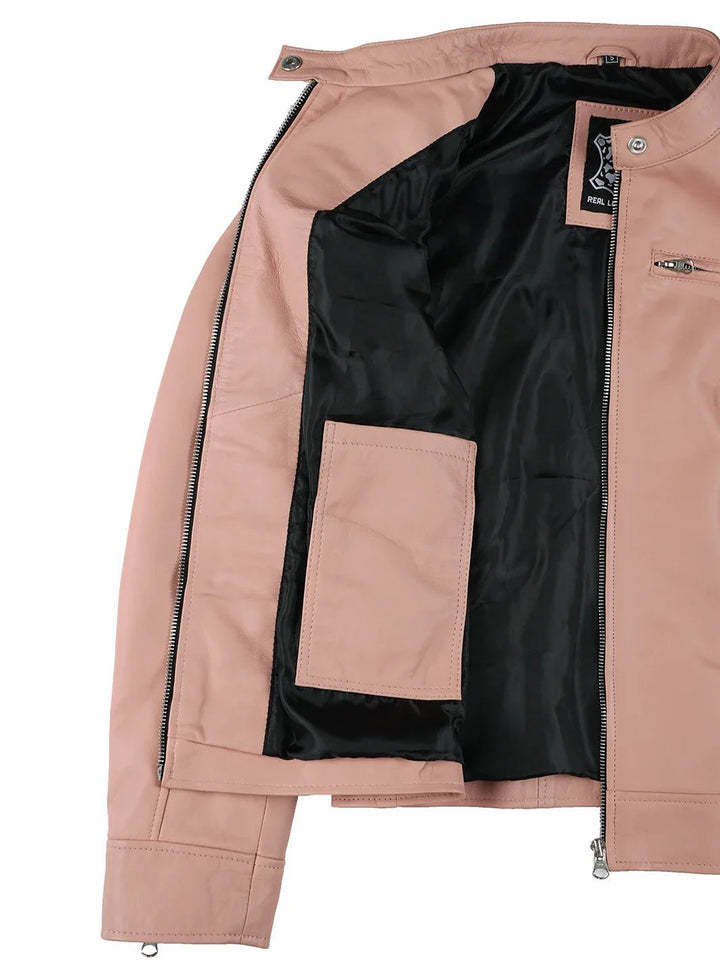 Dodge Women Light Pink Motorcycle Leather Jacket - Rare Leather