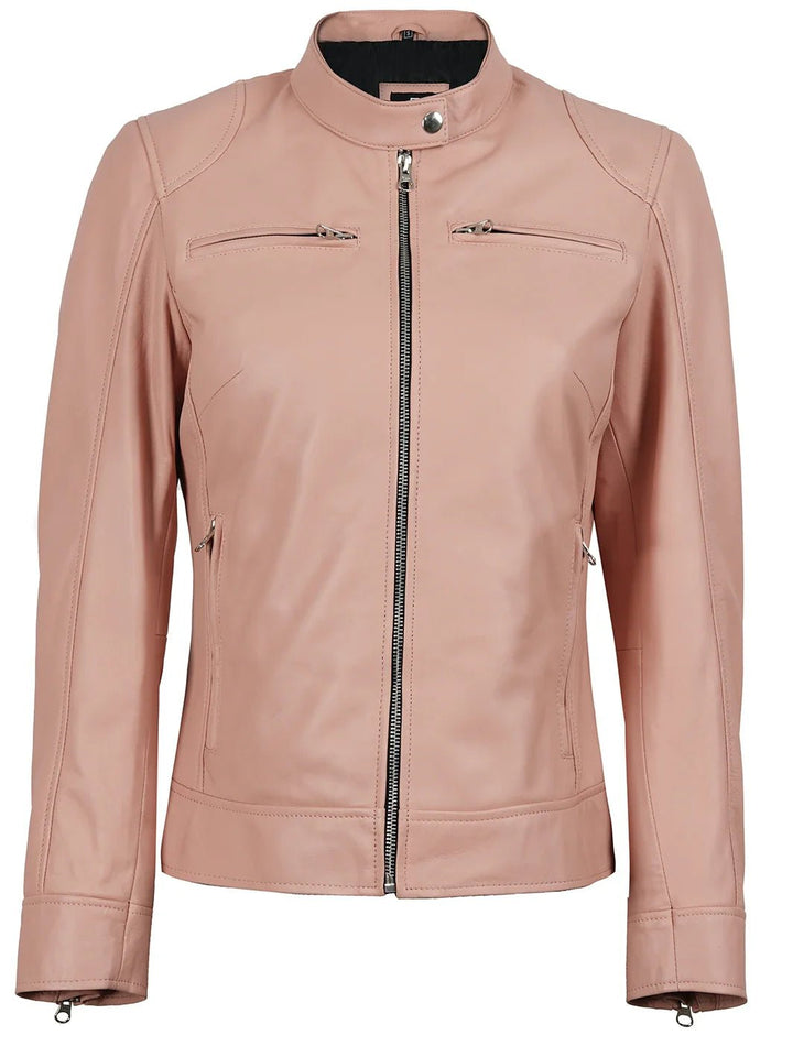 Dodge Women Light Pink Motorcycle Leather Jacket - Rare Leather