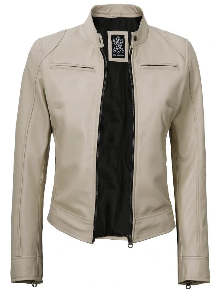 Dodge Women's Beige Leather Cafe Racer Jacket - Rare Leather