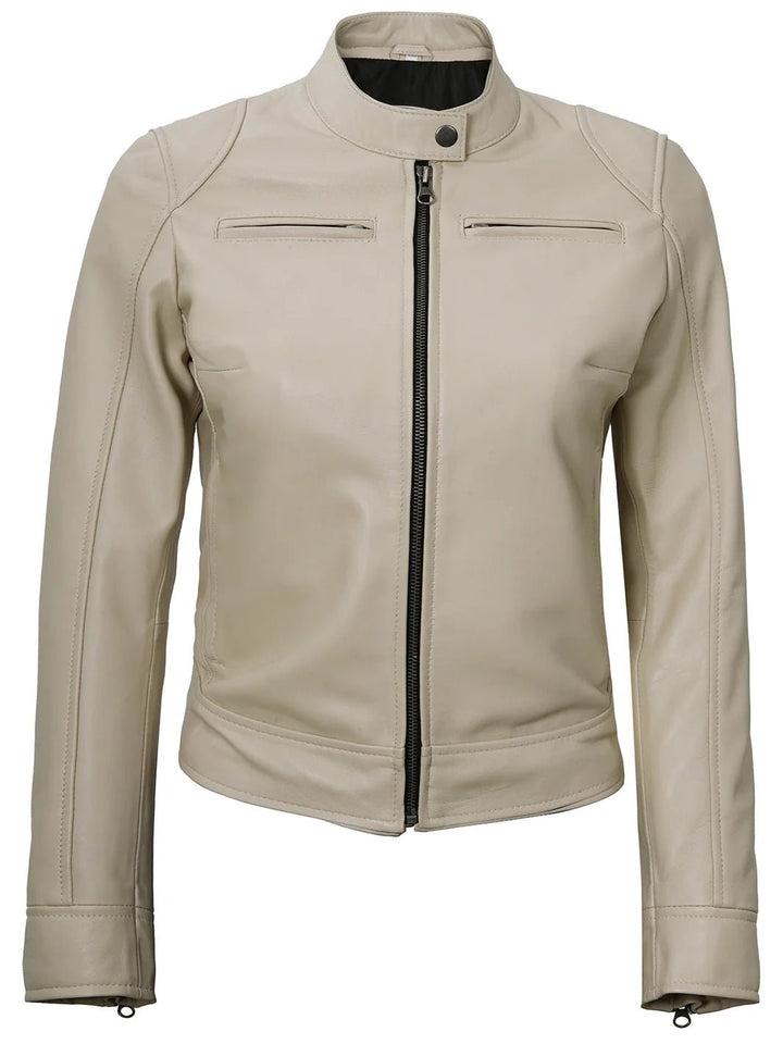 Dodge Women's Beige Leather Cafe Racer Jacket - Rare Leather