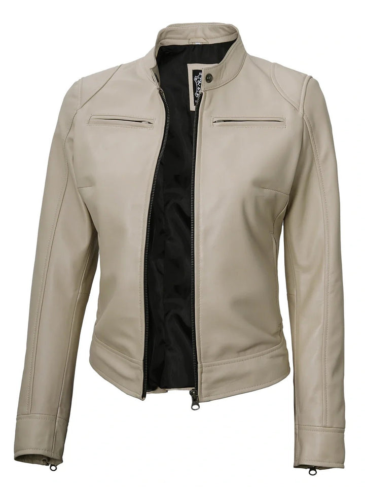 Dodge Women's Beige Leather Cafe Racer Jacket - Rare Leather