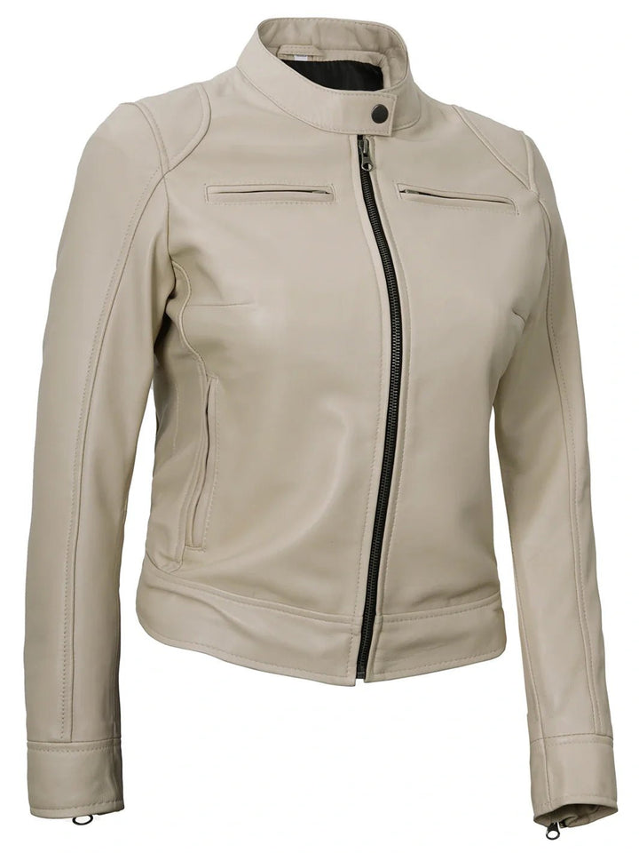 Dodge Women's Beige Leather Cafe Racer Jacket - Rare Leather