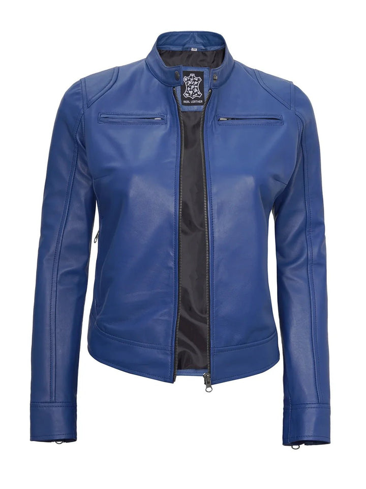 Dodge Women's Blue Leather Cafe Racer Jacket - Rare Leather