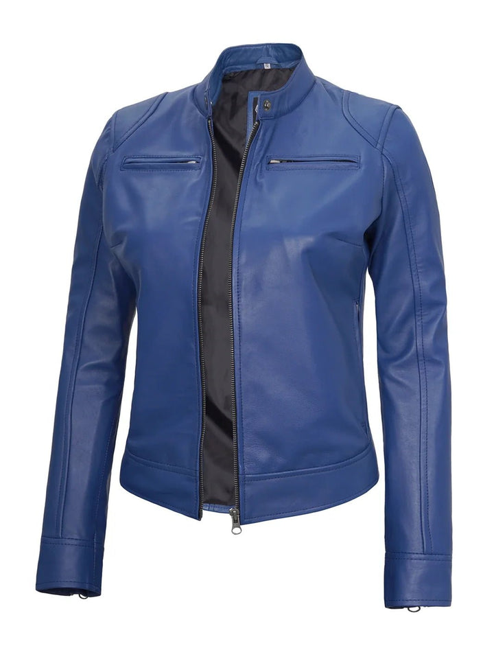 Dodge Women's Blue Leather Cafe Racer Jacket - Rare Leather