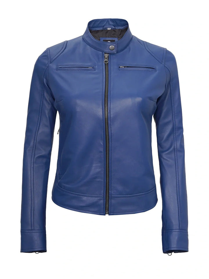 Dodge Women's Blue Leather Cafe Racer Jacket - Rare Leather