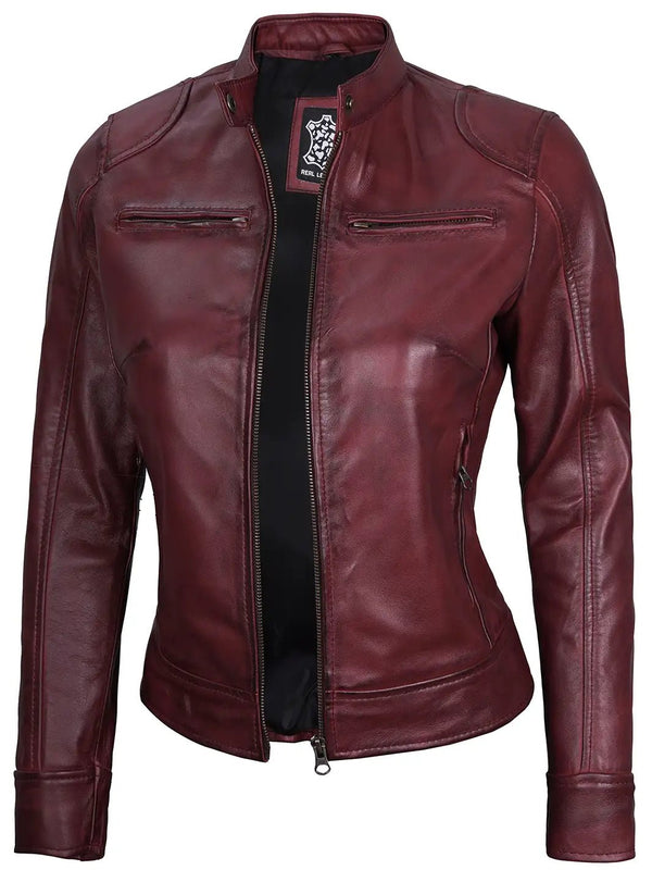 Dodge Womens Burgundy Leather Jacket Cafe Racer - Rare Leather