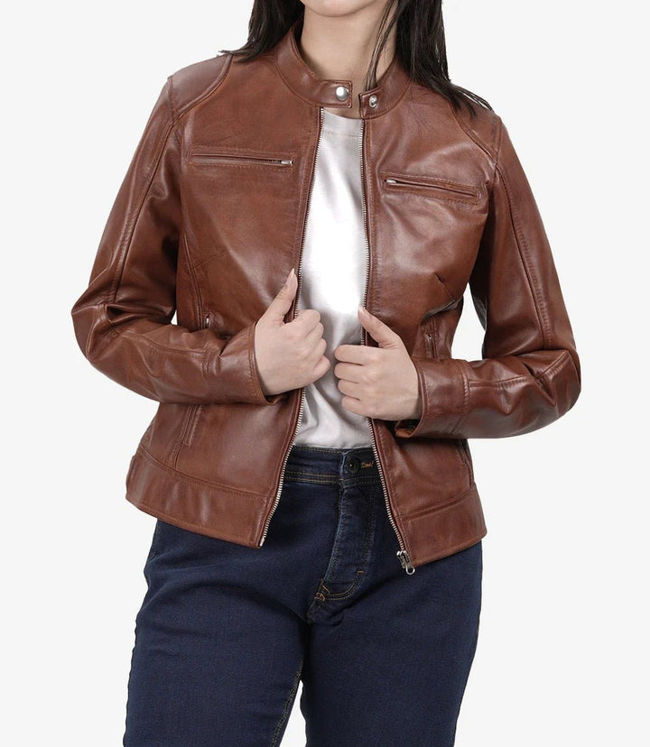 Dodge Womens Cognac Brown Motorcycle Leather Jacket - Rare Leather