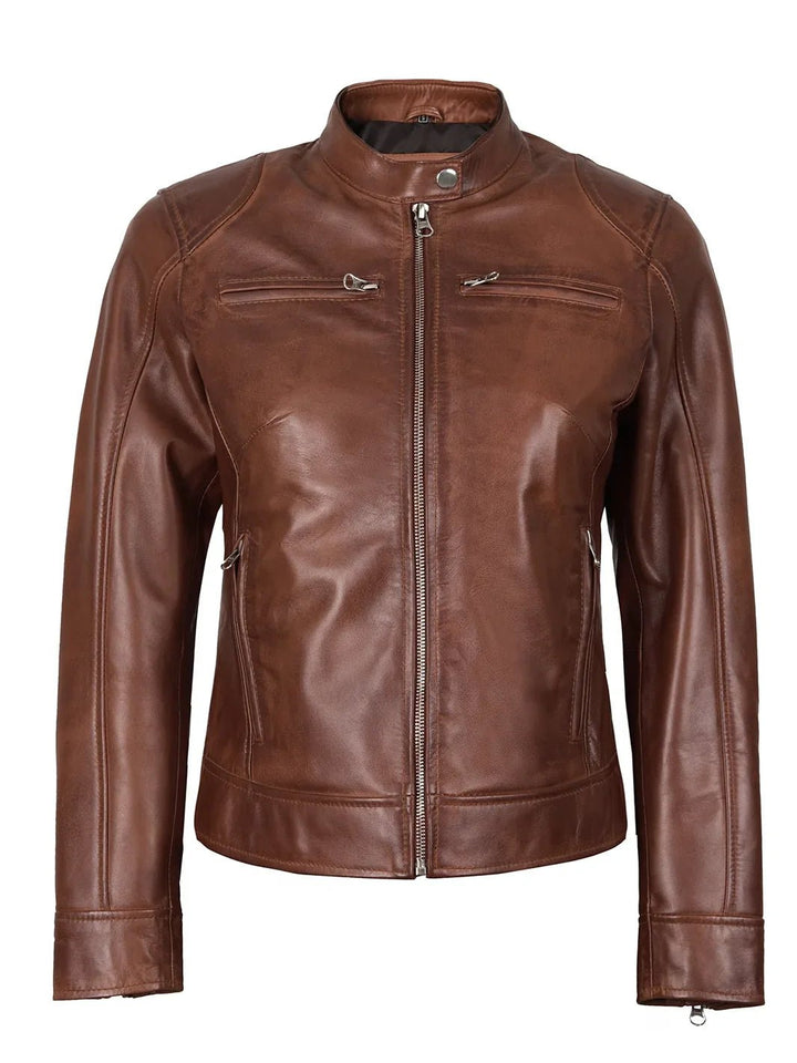 Dodge Womens Cognac Brown Motorcycle Leather Jacket - Rare Leather
