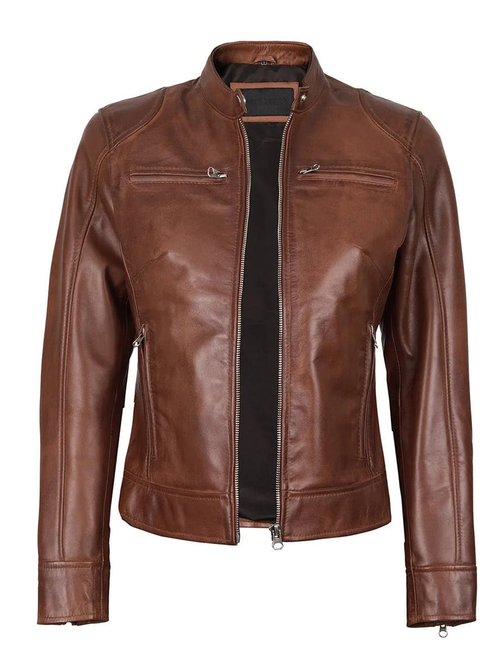 Dodge Womens Cognac Brown Motorcycle Leather Jacket - Rare Leather