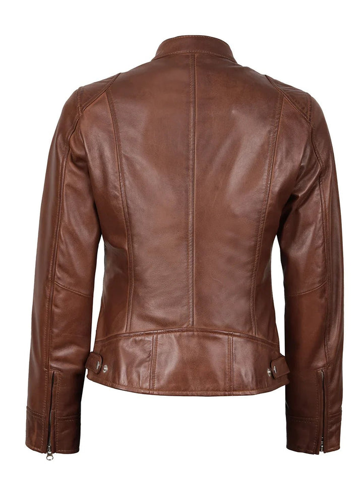 Dodge Womens Cognac Brown Motorcycle Leather Jacket - Rare Leather