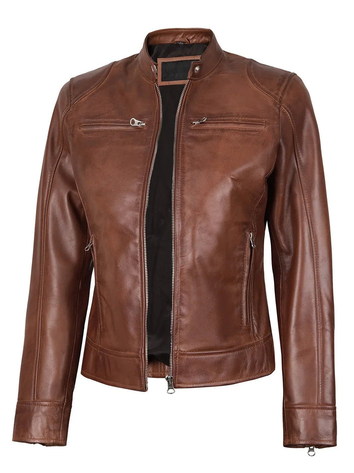 Dodge Womens Cognac Brown Motorcycle Leather Jacket - Rare Leather