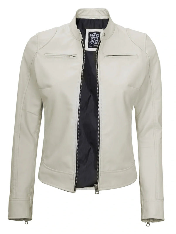 Dodge Women's Off White Cafe Racer Leather Jacket - Rare Leather