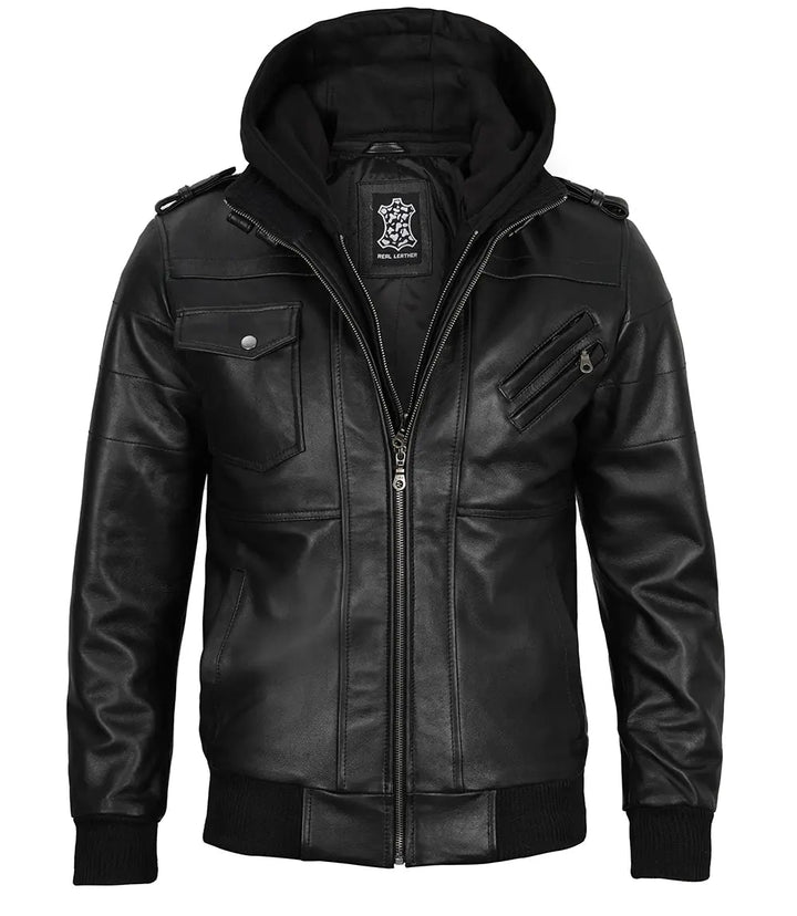 Edinburgh Mens Black Bomber Leather Jacket With Removable Hood - Rare Leather