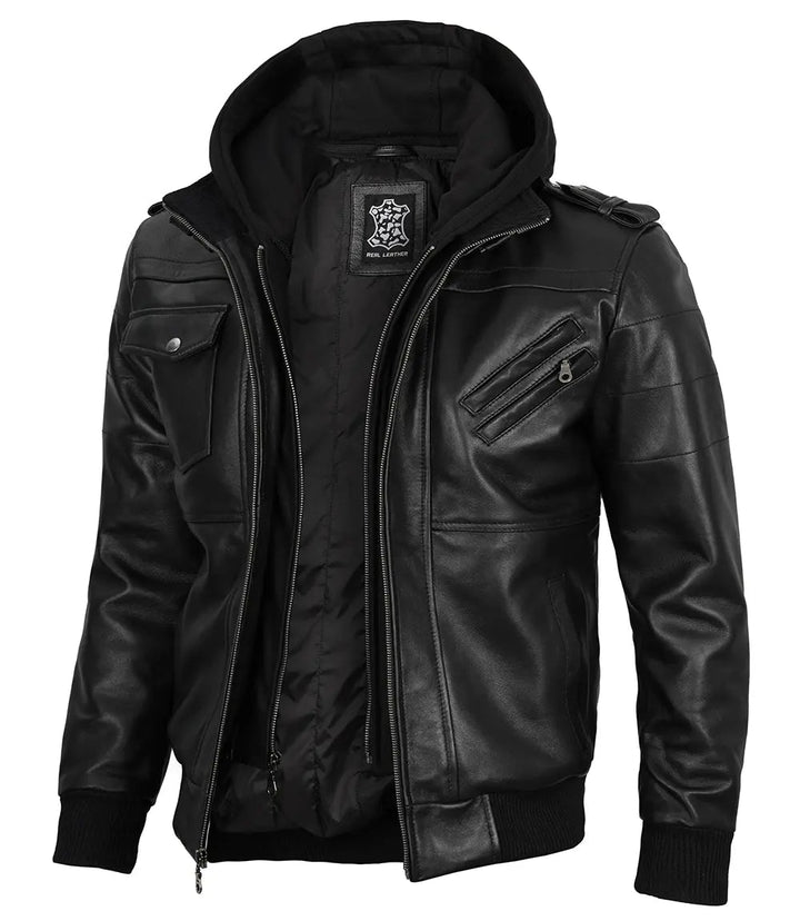 Edinburgh Mens Black Bomber Leather Jacket With Removable Hood - Rare Leather