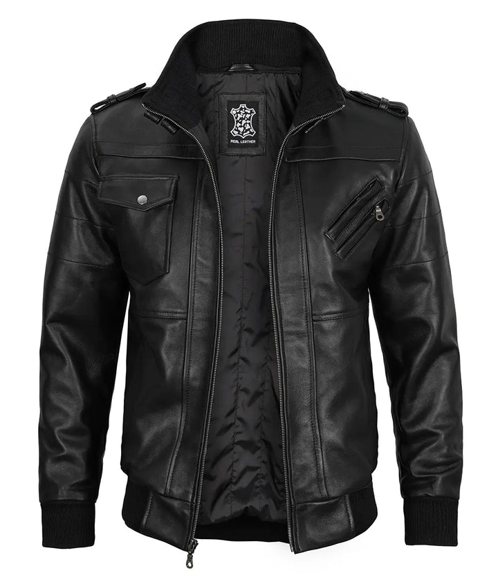 Edinburgh Mens Black Bomber Leather Jacket With Removable Hood - Rare Leather