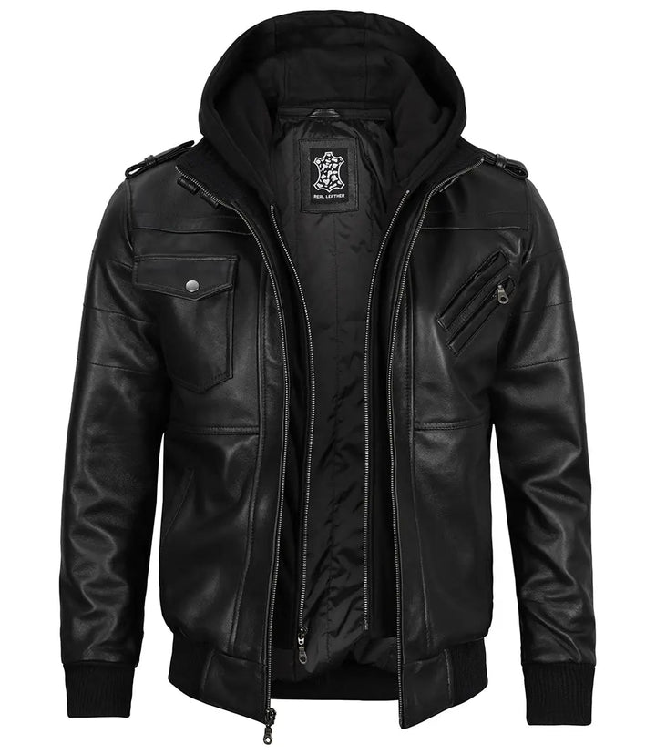Edinburgh Mens Black Bomber Leather Jacket With Removable Hood - Rare Leather