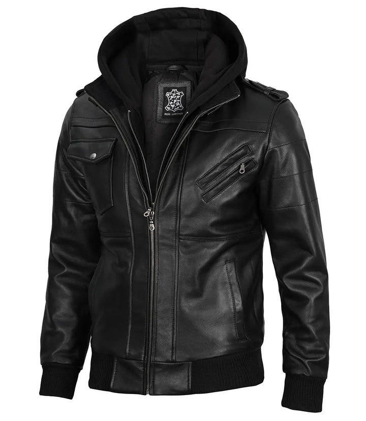Edinburgh Mens Black Bomber Leather Jacket With Removable Hood - Rare Leather