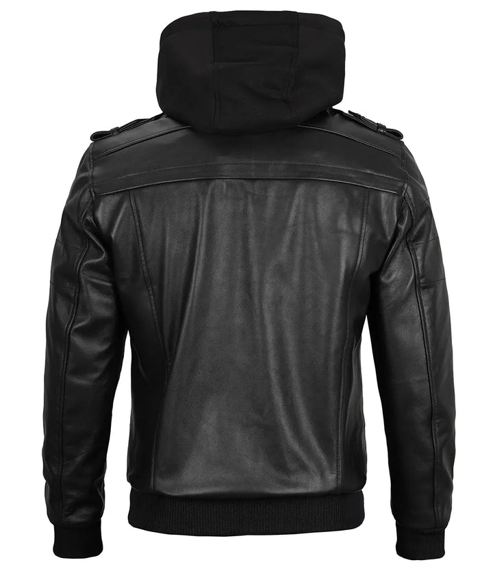 Edinburgh Mens Black Bomber Leather Jacket With Removable Hood - Rare Leather