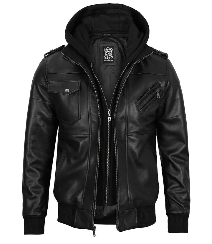 Edinburgh Mens Black Bomber Leather Jacket With Removable Hood - Rare Leather