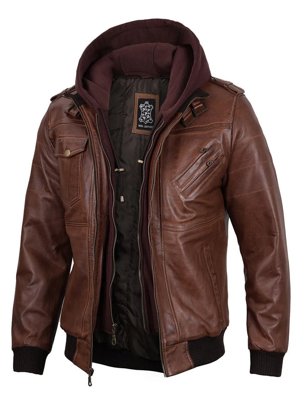 Edinburgh Mens Brown Bomber Leather Jacket With Removable Hood - Rare Leather