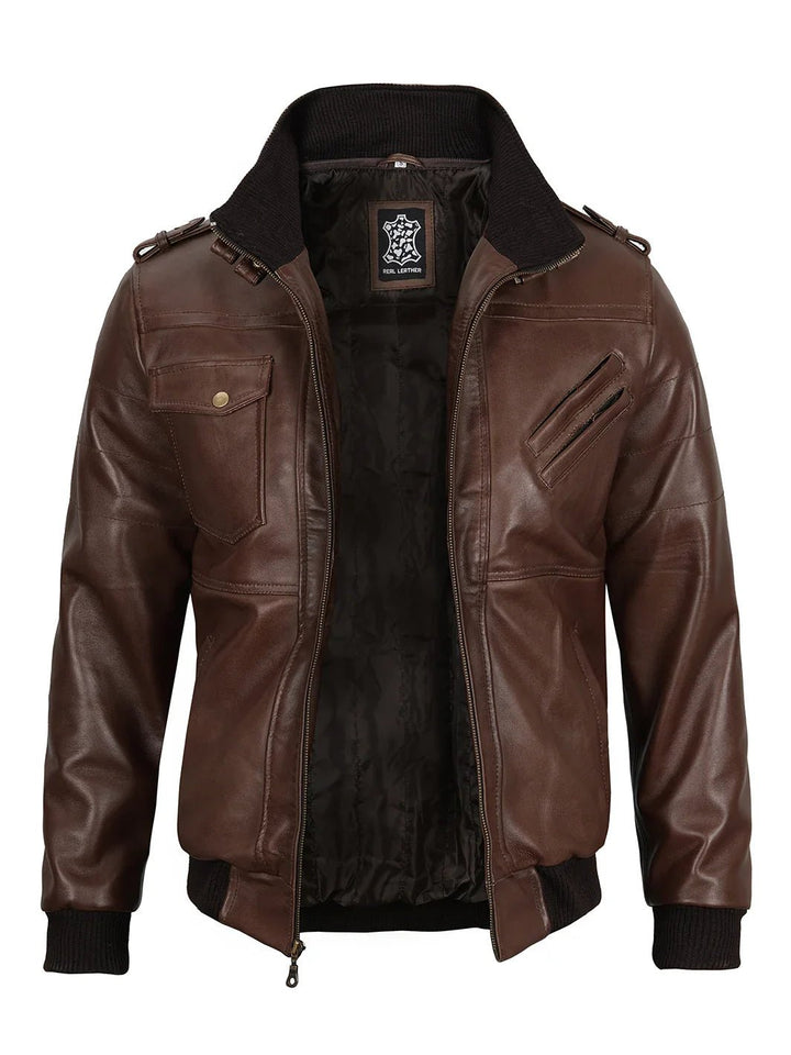 Edinburgh Men's Dark Brown Leather Bomber Jacket With Removable Hood - Rare Leather