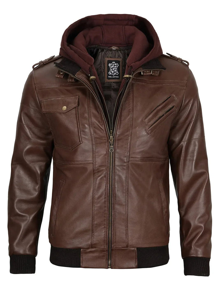 Edinburgh Men's Dark Brown Leather Bomber Jacket With Removable Hood - Rare Leather