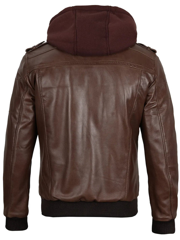 Edinburgh Men's Dark Brown Leather Bomber Jacket With Removable Hood - Rare Leather