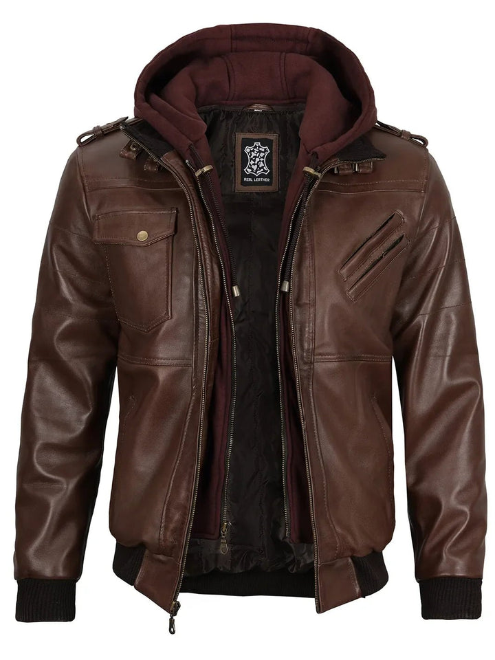 Edinburgh Men's Dark Brown Leather Bomber Jacket With Removable Hood - Rare Leather