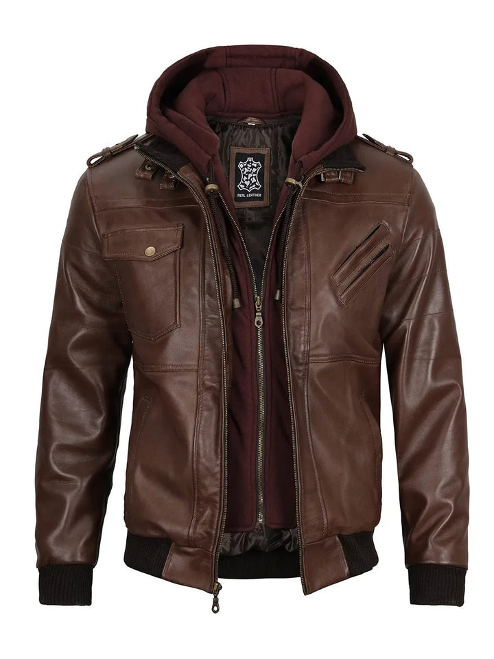 Edinburgh Men's Dark Brown Leather Bomber Jacket With Removable Hood - Rare Leather