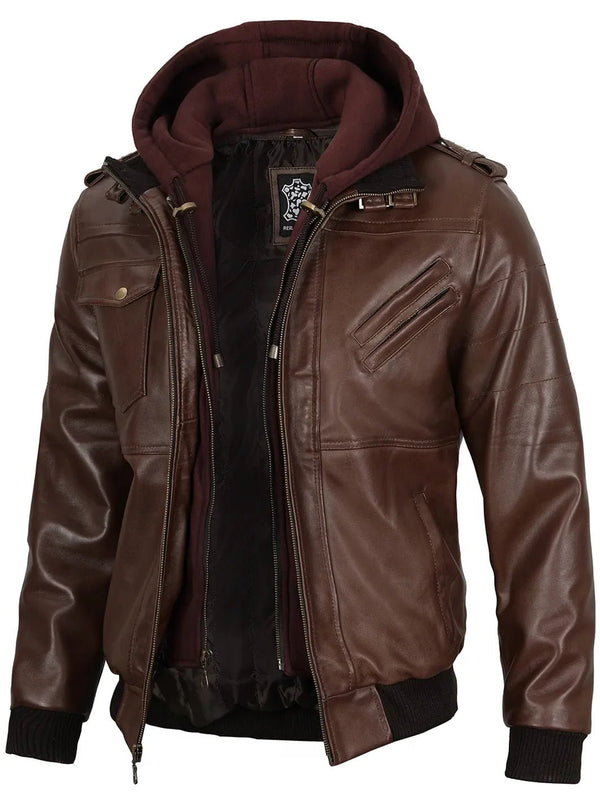 Edinburgh Men's Dark Brown Leather Bomber Jacket With Removable Hood - Rare Leather