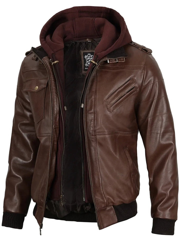 Edinburgh Men's Dark Brown Leather Bomber Jacket With Removable Hood - Rare Leather