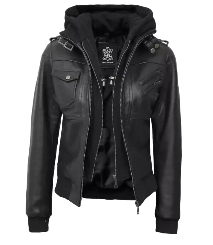 Edinburgh Women's Bomber Black Leather Jacket with Removable Hood - Rare Leather