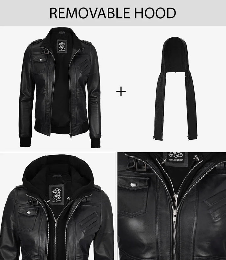 Edinburgh Women's Bomber Black Leather Jacket with Removable Hood - Rare Leather