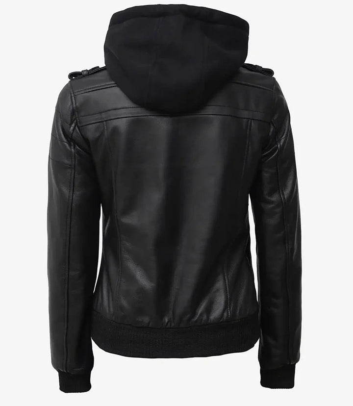 Edinburgh Women's Bomber Black Leather Jacket with Removable Hood - Rare Leather