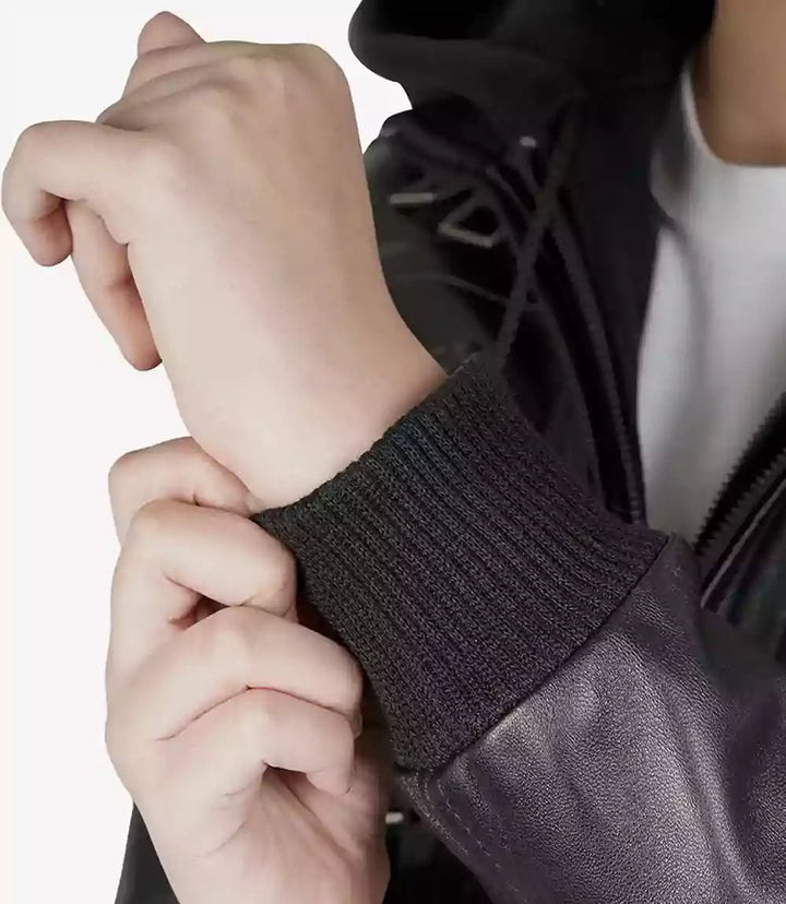 Edinburgh Women's Bomber Black Leather Jacket with Removable Hood - Rare Leather